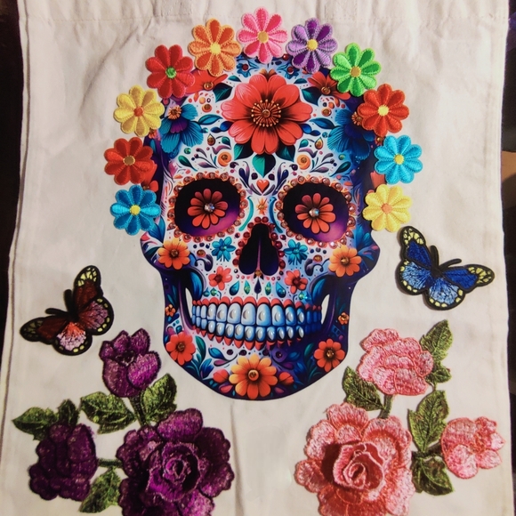 Colorful Skull and Floral Tote Bag - Picture 9 of 15